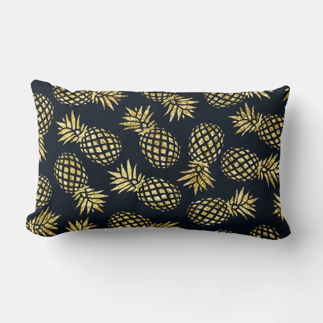 Navy Blue Gold Pineapple Pattern Lumbar Pillow (Front)