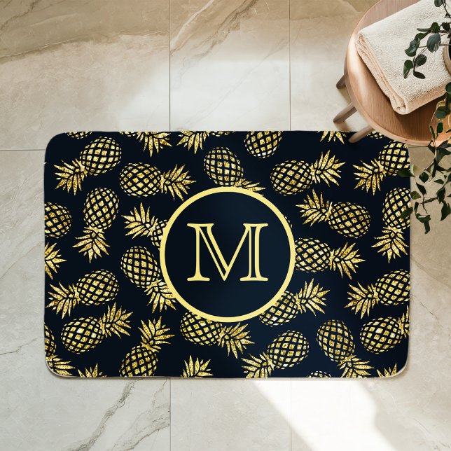 Navy Blue Gold Pineapple Pattern Monogram Bath Mat (Creator Uploaded)