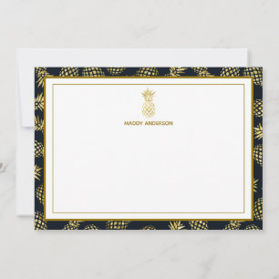 Navy Blue Gold Pineapple Pattern Monogram Card