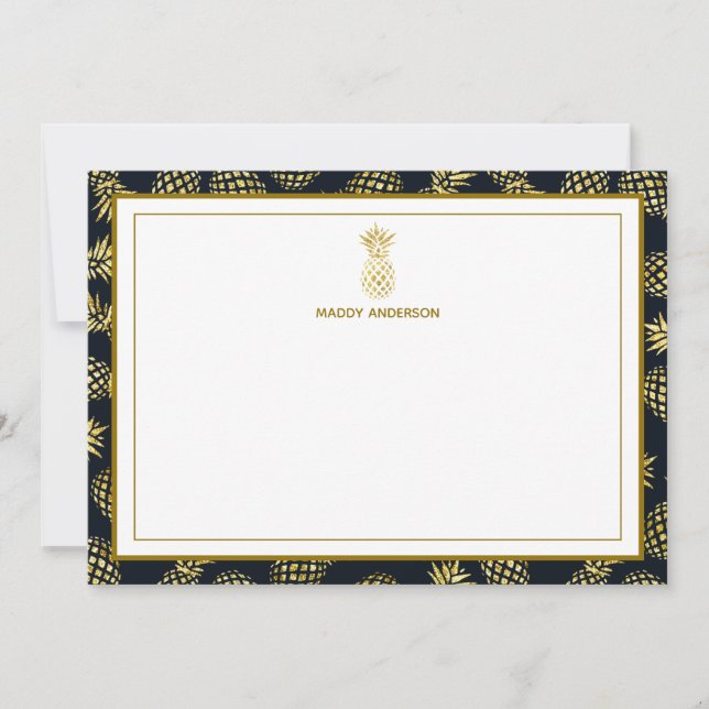 Navy Blue Gold Pineapple Pattern Monogram Card (Front)