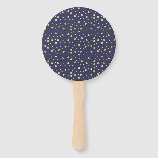 Navy Blue Gold Polka Dots Hand Fan (Front)