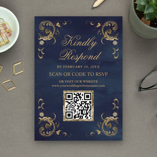 Navy Blue Gold QR Code RSVP Wedding Website Enclosure Card (Creator Uploaded)