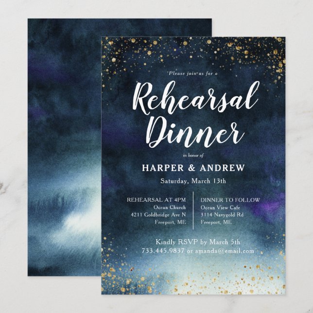 Navy Blue Gold Rehearsal Dinner Invitation (Front/Back)