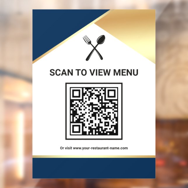 Navy Blue Gold Restaurant Digital QR Code Menu Window Cling (Sheet 2)