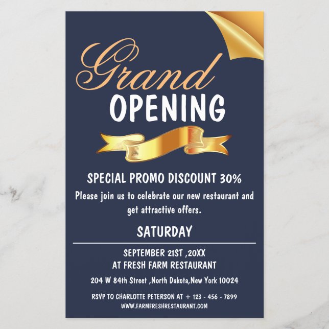 Navy Blue & Gold Ribbon Restaurant Grand Opening  Flyer (Front)