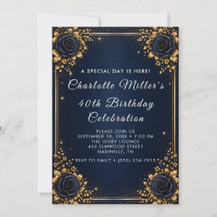 Navy Blue Gold Rose 40th Birthday Invitation