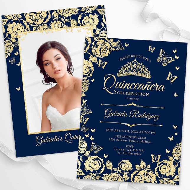 Navy Blue Gold Roses Butterflies Quinceanera Photo Invitation (Creator Uploaded)