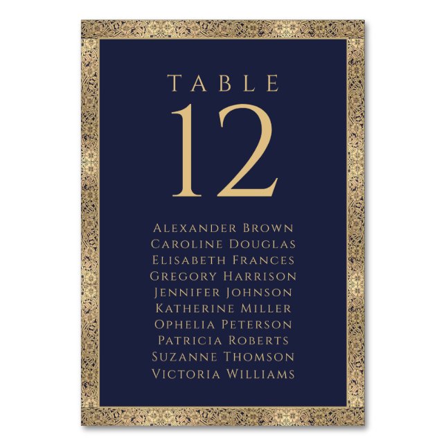 Navy Blue Gold Roses Guest Names Seating Chart Table Number (Front)