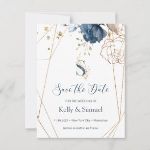 Navy blue & gold roses Save the Date