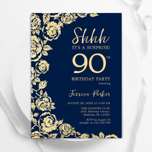 Navy Blue Gold Roses Surprise 90th Birthday Invitation