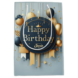 Navy Blue & Gold Royal Crown Happy Birthday Medium Gift Bag