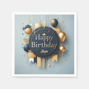 Navy Blue & Gold Royal Crown Happy Birthday Party Napkin