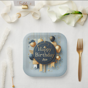 Navy Blue & Gold Royal Crown Happy Birthday Party Paper Plate