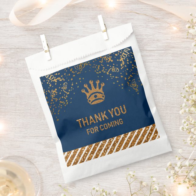 Navy Blue Gold Royal Prince Crown Thank You Favour Bag (Clipped)
