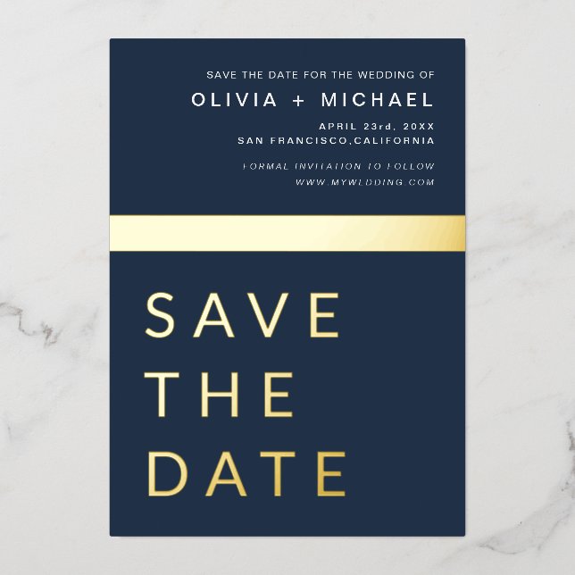 Navy Blue Gold Save the Date Elegant (Front)