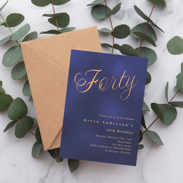 Navy blue gold script 40th birthday invitation (Creator Uploaded)