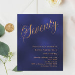 Navy blue gold script 70th birthday invitation<br><div class="desc">A modern,  stylish invitation for a 70th birthday party.  A navy blue,  uneven coloured background and the word Seventy written with elegant large script letters in faux gold. Personalize and add a name and party details.</div>