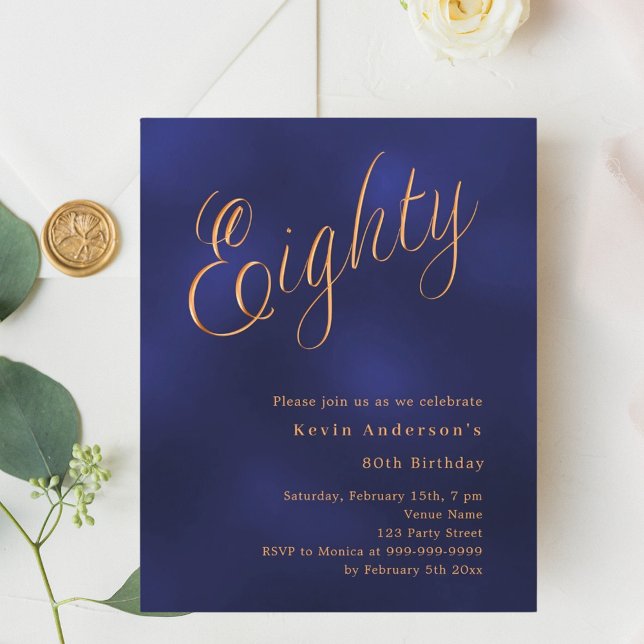 Navy blue gold script 80th birthday invitation (Creator Uploaded)