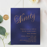 Navy blue gold script 90th birthday invitation<br><div class="desc">A modern,  stylish invitation for a 90th birthday party.  A navy blue,  uneven coloured background and the word Ninety written with elegant large script letters in faux gold. Personalize and add a name and party details. 

1 sheet = 1 invitation printed edge to edge.</div>