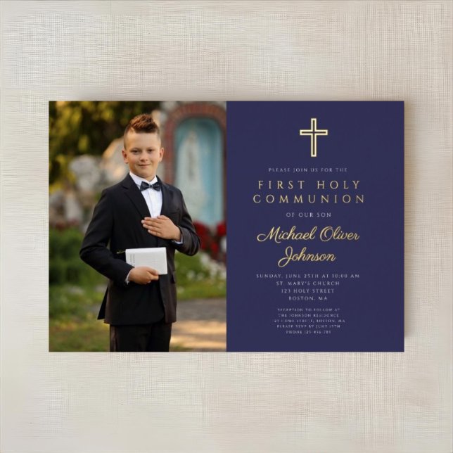 Navy Blue Gold Script Boy Photo First Communion (Navy Blue Gold Script Boy Photo First Communion Foil Invitation)