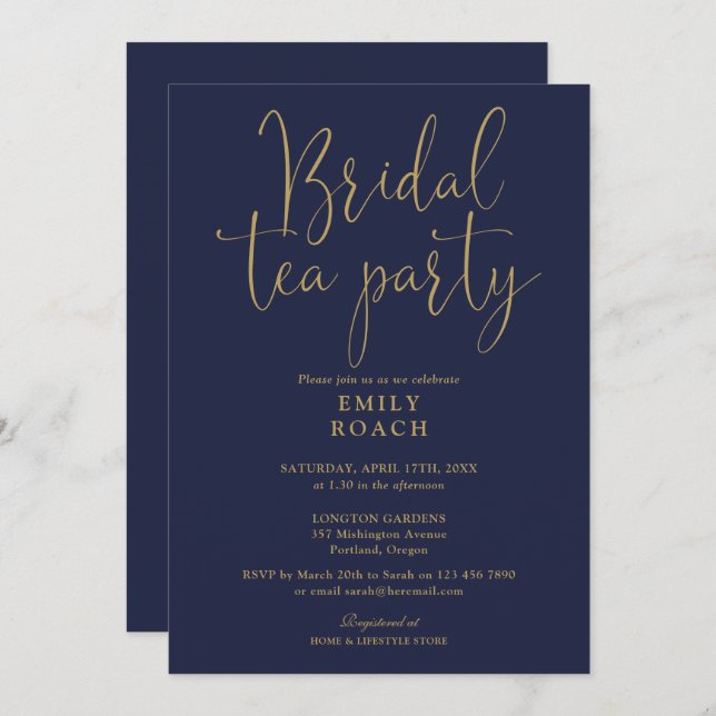  Navy Blue Gold Script Bridal Tea Party Shower Invitation (Front/Back)