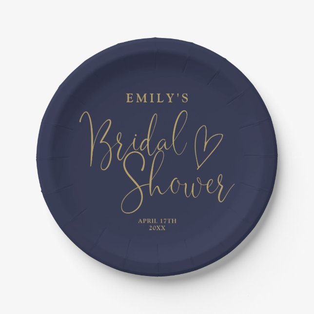 Navy Blue Gold Script Calligraphy Bridal Shower Paper Plate (Front)