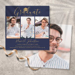 Navy Blue Gold Script Graduate 4 Photo Graduation  Announcement<br><div class="desc">This elegant,  chic graduation announcement card can be personalized in gold lettering on a navy blue background with your 4 special grad photos. Designed by Thisisnotme©</div>