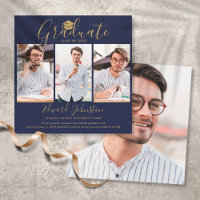 Navy Blue Gold Script Graduate 4 Photo Graduation 
