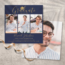 Navy Blue Gold Script Graduate 4 Photo Graduation Announcement