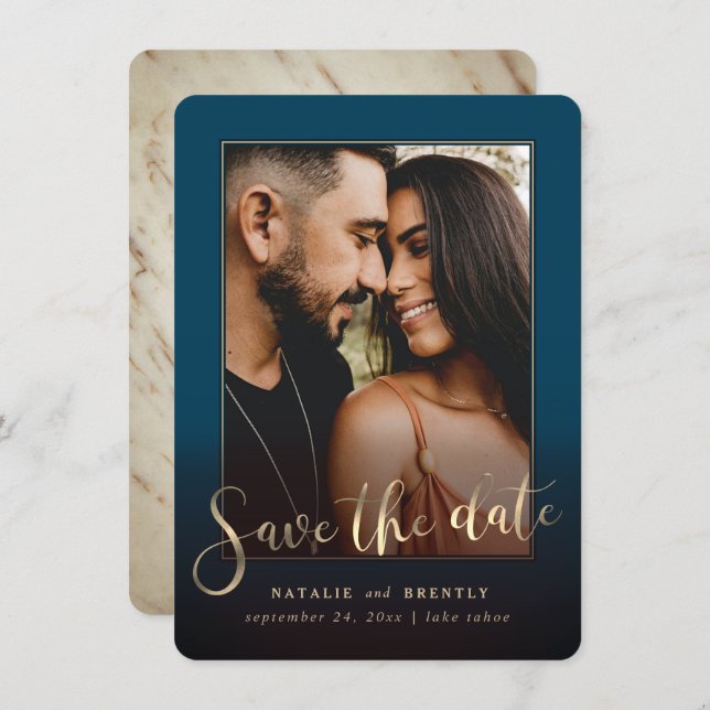Navy Blue Gold Script & Marble Photo Overlay Save The Date (Front/Back)