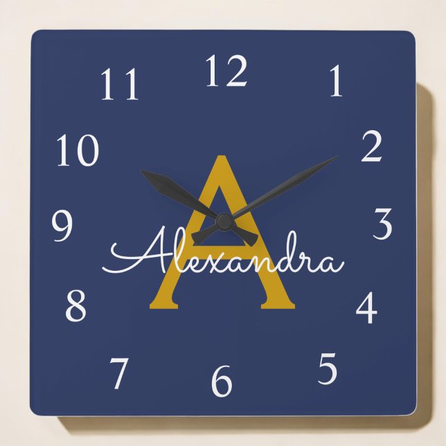 Navy Blue Gold Script Monogram Girly Name Square Wall Clock (Creator Uploaded)