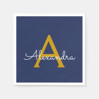 Navy Blue Gold Script Monogram Name Modern
