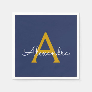 Navy Blue Gold Script Monogram Name Modern Napkin