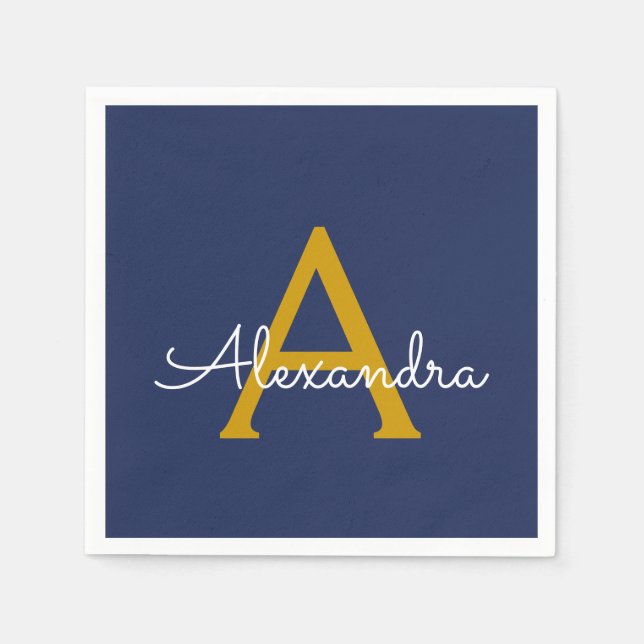 Navy Blue Gold Script Monogram Name Modern Napkin (Front)