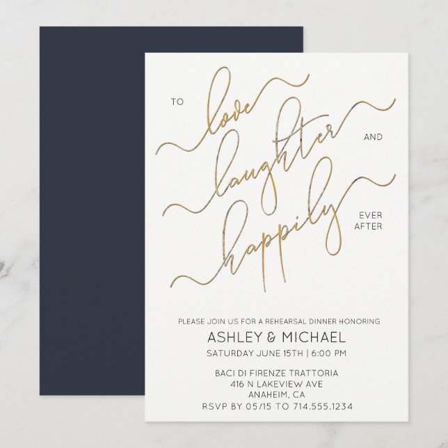 Navy Blue Gold Script Rehearsal Dinner Invite (Front/Back)