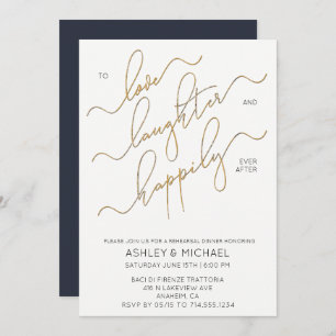 Navy Blue Gold Script Rehearsal Dinner Invite