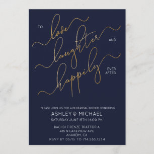 Navy Blue Gold Script Rehearsal Dinner Invite