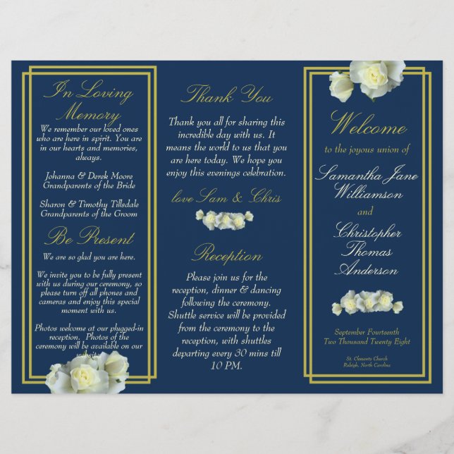 Navy Blue Gold Script Rose Trifold Wedding Program (Front)