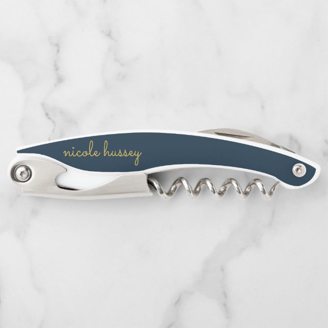 Navy Blue Gold Script  | Stylish Monogram Modern Corkscrew (Front)