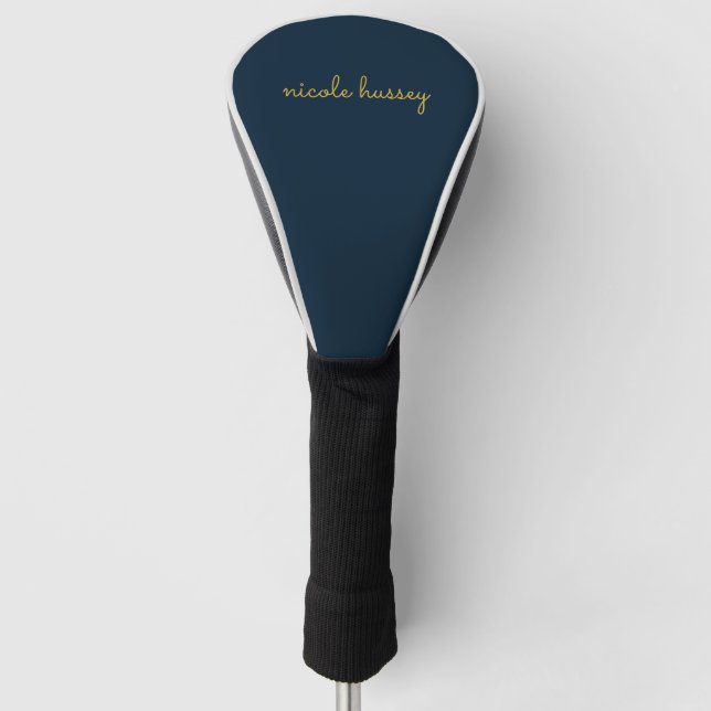 Navy Blue Gold Script  | Stylish Monogram Modern Golf Head Cover (Front)