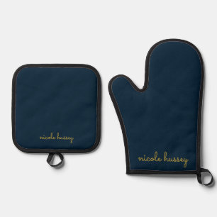 Navy Blue Gold Script    Stylish Monogram Modern Oven Mitt & Pot Holder Set