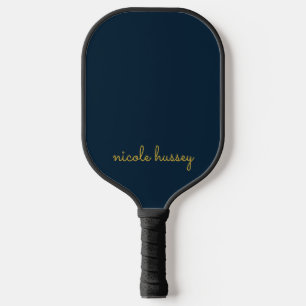 Navy Blue Gold Script Stylish Monogram Modern Pickleball Paddle