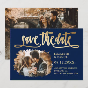 Navy Blue Gold Script Wedding Photo Save The Date