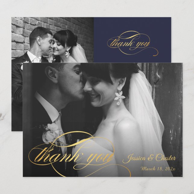 Navy Blue & Gold Script Wedding  Photo Thank You Card (Front/Back)