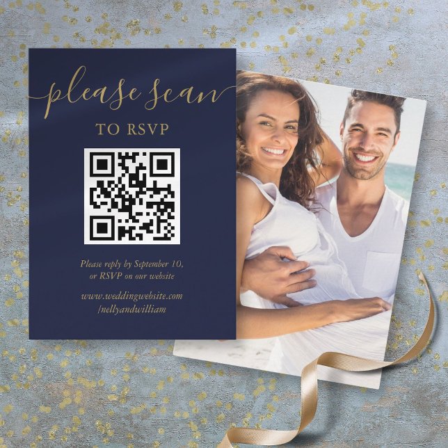Navy Blue Gold Script Wedding RSVP QR Code Photo Enclosure Card (Navy Blue Gold Script Wedding RSVP QR Code Photo Enclosure Card)