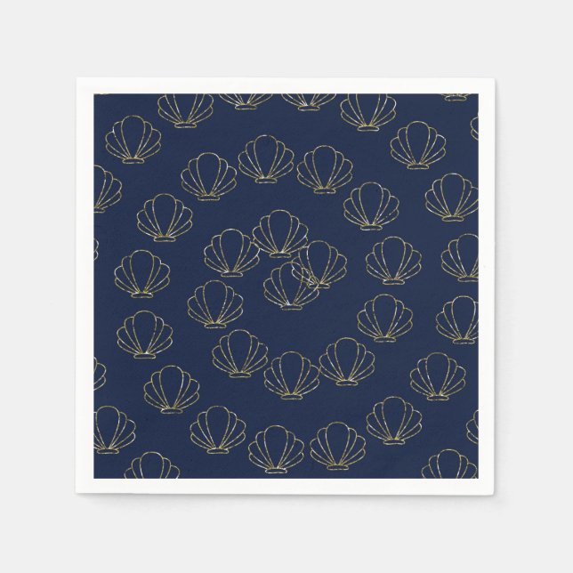Navy Blue & Gold Sea Shell Mermaid Bridal Shower Napkin (Front)