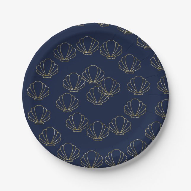 Navy Blue & Gold Sea Shell Mermaid Bridal Shower Paper Plate (Front)