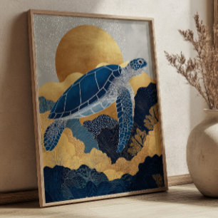 Navy Blue& Gold Sea Turtle Kintsugi Underwater Poster