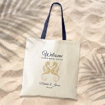 Navy Blue Gold Seahorses Wedding Welcome Tote Bag<br><div class="desc">Customize this navy blue and gold "Welcome" tote bag with your own special touch. This modern design features modern script,  navy blue text and artistic gold seahorses. Personalize it with your names,  wedding date and location. If you need help or matching items,  please contact me.</div>