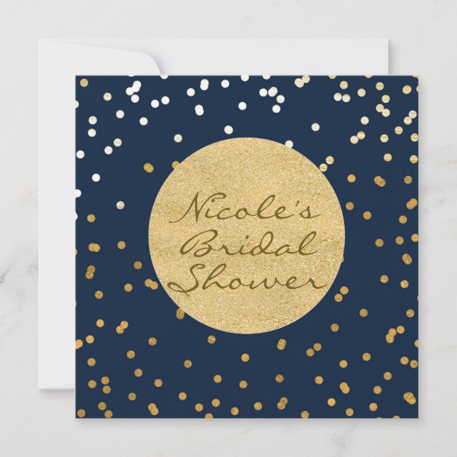 Navy Blue & Gold Shiny Confetti Dots Modern Chic Invitation (Front)